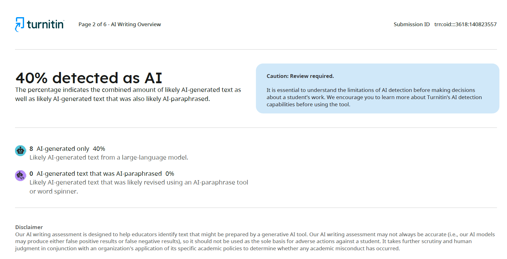 Turnitin AI Writing Detection 报告样本,展示 detected as AI 和 AI-generated only